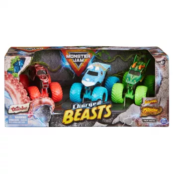 Monster Jam , Charged Beasts rinkinys, oficialus Dragon, Octon8er, Jurassic Attack 1:64 mastelio lieti monstrų sunkvežimiai, žaislai berniukams ir mergaitėms nuo 3 metų