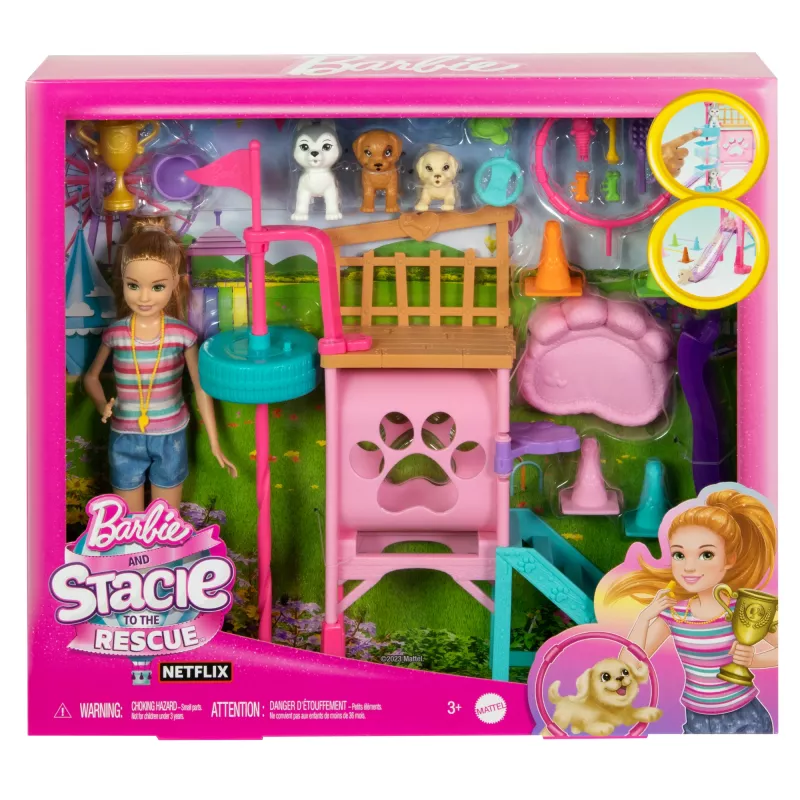 „Barbie and Stacie to the Rescue“ šuniukų žaidimų aikštelės žaidimo rinkinys su lėle, 3 šunų figūrėlėmis ir priedais