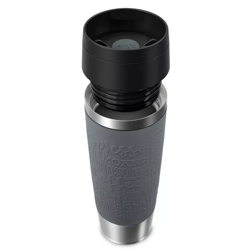 Kelioninis puodelis EMSA Classic Grande 500 ml — pilkas nerūdijantis plienas, silikoninis dangtelis, polipropileninis dangtis, Ø 8,3 cm × 240 mm