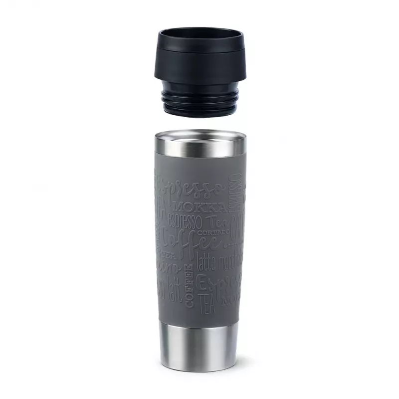Kelioninis puodelis EMSA Classic Grande 500 ml — pilkas nerūdijantis plienas, silikoninis dangtelis, polipropileninis dangtis, Ø 8,3 cm × 240 mm