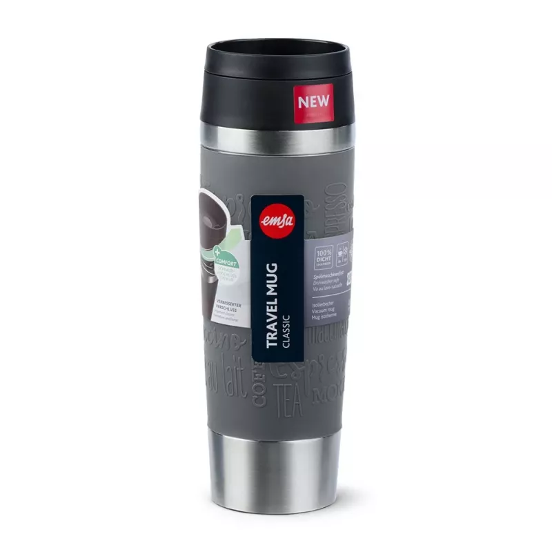Kelioninis puodelis EMSA Classic Grande 500 ml — pilkas nerūdijantis plienas, silikoninis dangtelis, polipropileninis dangtis, Ø 8,3 cm × 240 mm