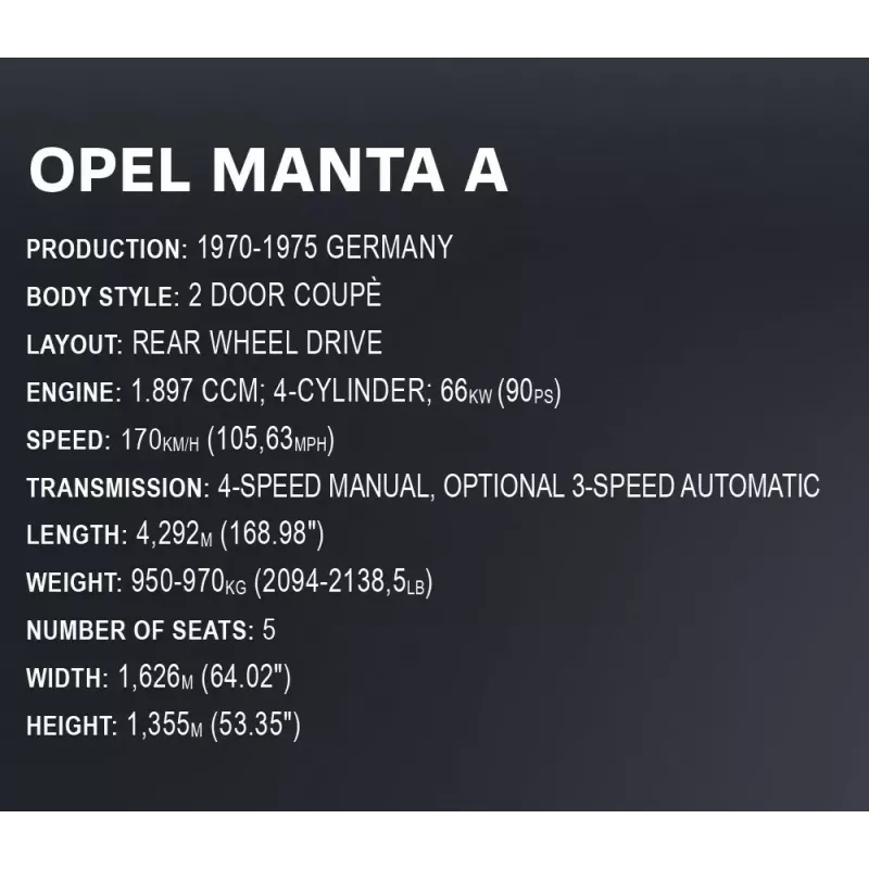 Konstrukcinis žaislas Cobi Opel Manta A 1970 1:12 mastelio modelis, kaladėlių rinkinys