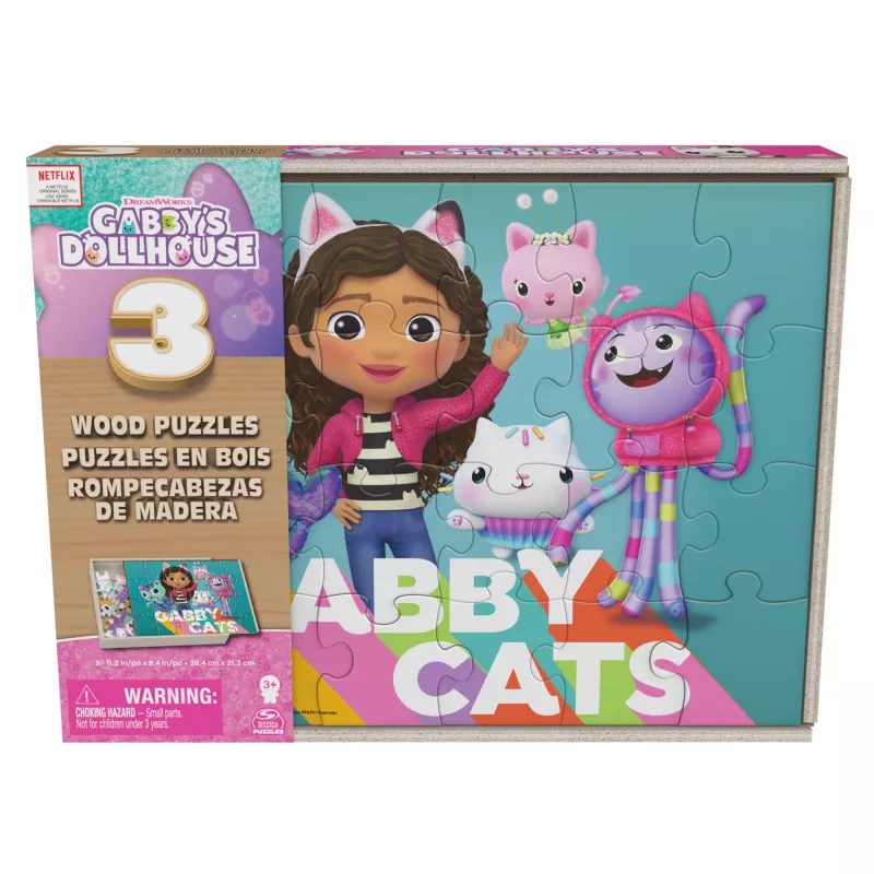 Žaidimai Gabby's Dollhouse, 3 medinės dėlionės po 24 detales su medine dėžute vaikams, nuo 3 metų