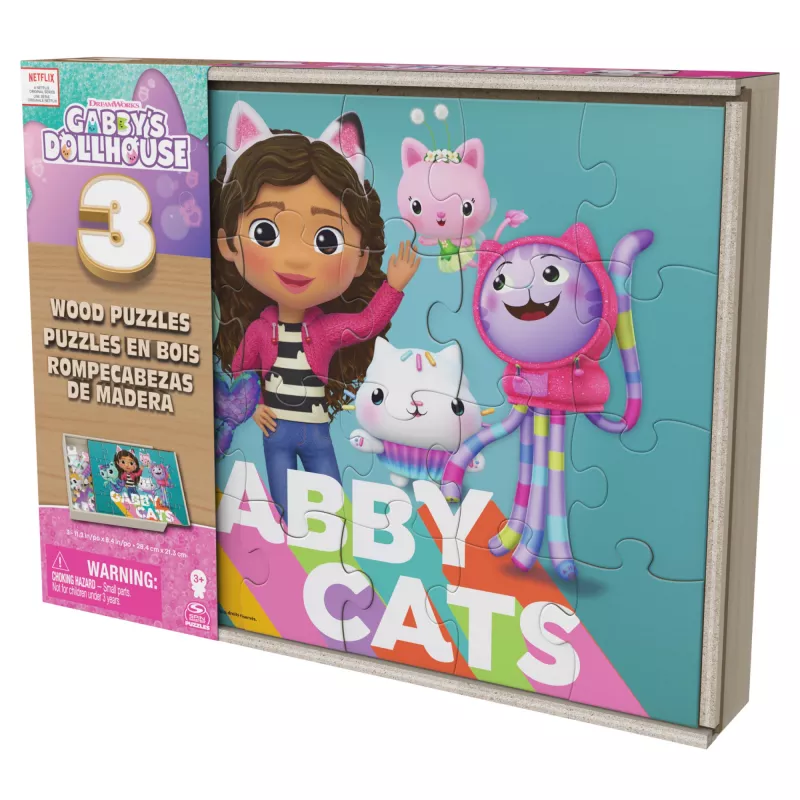 Žaidimai Gabby's Dollhouse, 3 medinės dėlionės po 24 detales su medine dėžute vaikams, nuo 3 metų