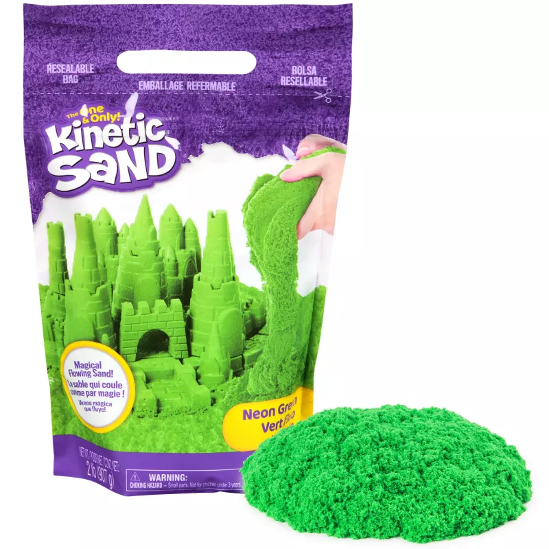 „Kinetic Sand“, 2 svarų žalios spalvos žaidimų smėlis, formuojami sensoriniai žaislai vaikams, pakartotinai uždaromas maišelis (pakuotė gali skirtis), nuo 3 metų