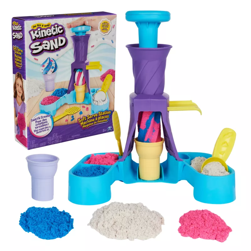 Kinetic Sand, minkštų ledų stotelė, Velykų krepšelio priedai, 14oz formuojamo žaidimų smėlio (3 spalvos), 2 ledų kaušeliai ir 2 įrankiai