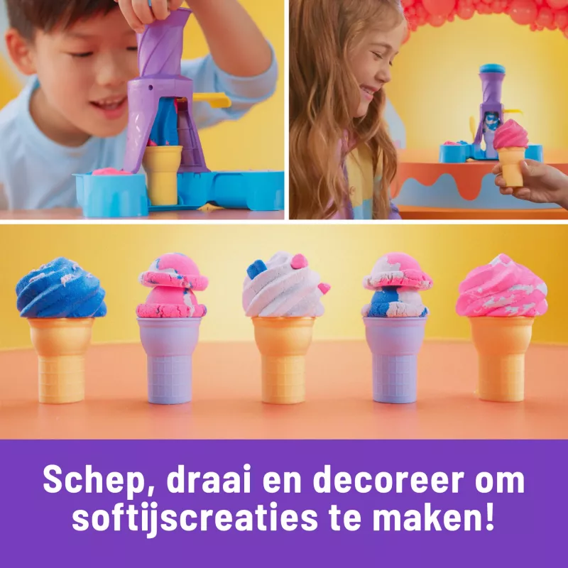 Kinetic Sand, minkštų ledų stotelė, Velykų krepšelio priedai, 14oz formuojamo žaidimų smėlio (3 spalvos), 2 ledų kaušeliai ir 2 įrankiai