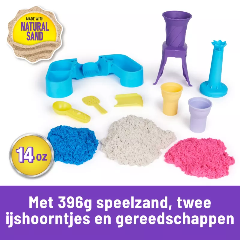 Kinetic Sand, minkštų ledų stotelė, Velykų krepšelio priedai, 14oz formuojamo žaidimų smėlio (3 spalvos), 2 ledų kaušeliai ir 2 įrankiai