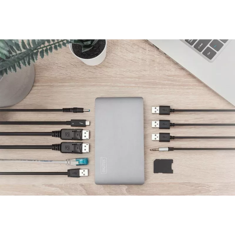 DIGITUS Docking Station USB-C - 2x USB Type-C / 2x USB 3.0 10Gbps / USB 3.0 5Gpbs / 2x DP / Gbe / micro SD / SD / 3.5mm - 60W USB Power Delivery