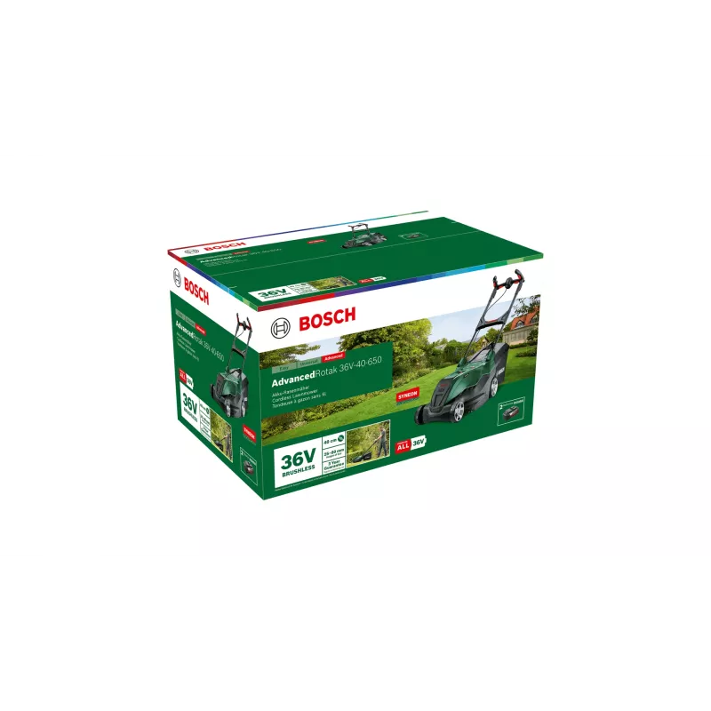 Belaidis vejapjovė Bosch AdvancedRotak 36V-40-650 su 36 V maitinimu ir 2×4,0 Ah baterijomis
