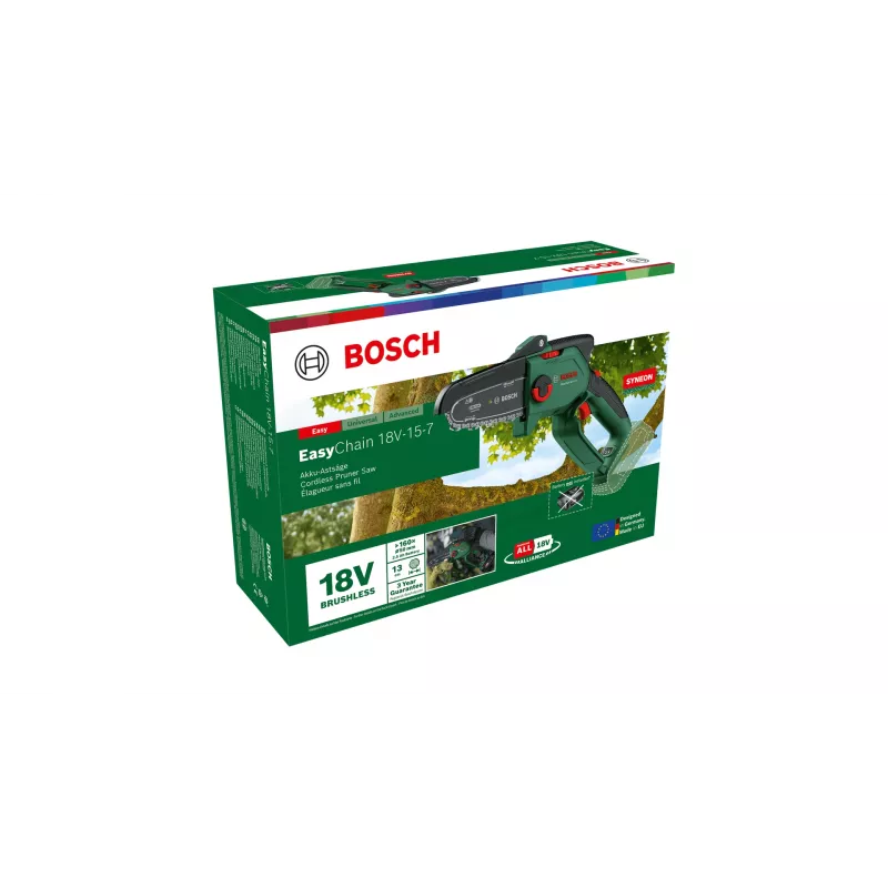 Elektrinis grandininis pjūklas Bosch EasyChain 18V-15-7, belaidis rankinis pjūklas 1,3 kg