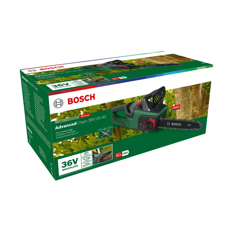 Akumuliatorinis grandininis pjūklas Bosch AdvancedChain 36V-35-40 — 36V, 2 Ah baterija, 35 cm kreipiamoji juosta, 31 cm pjovimo ilgis