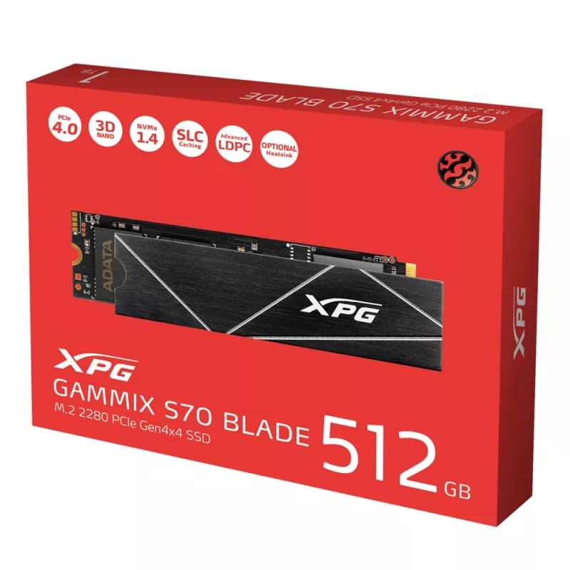 SSD M.2 512 GB ADATA XPG GAMMIX S70 BLADE — PCIe 4.0 NVMe, skaitymas 7400 MB/s, rašymas 2600 MB/s