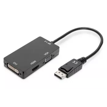DIGITUS ASSMANN DisplayPort keitiklio kabelis, DP – HDMI+DVI+VGA V-V/M/M, 20 cm 3-in-1 daugialypės terpės kabelis, CE, juodas
