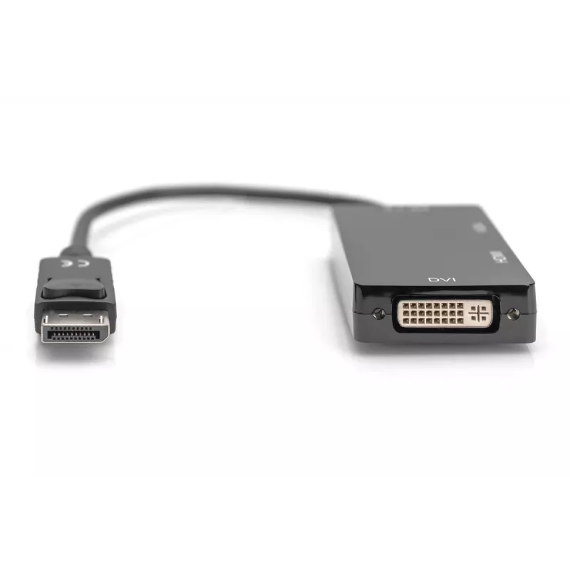 DIGITUS ASSMANN DisplayPort keitiklio kabelis, DP – HDMI+DVI+VGA V-V/M/M, 20 cm 3-in-1 daugialypės terpės kabelis, CE, juodas