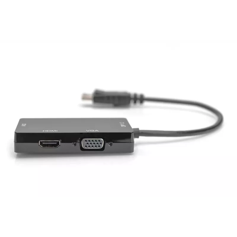 DIGITUS ASSMANN DisplayPort keitiklio kabelis, DP – HDMI+DVI+VGA V-V/M/M, 20 cm 3-in-1 daugialypės terpės kabelis, CE, juodas