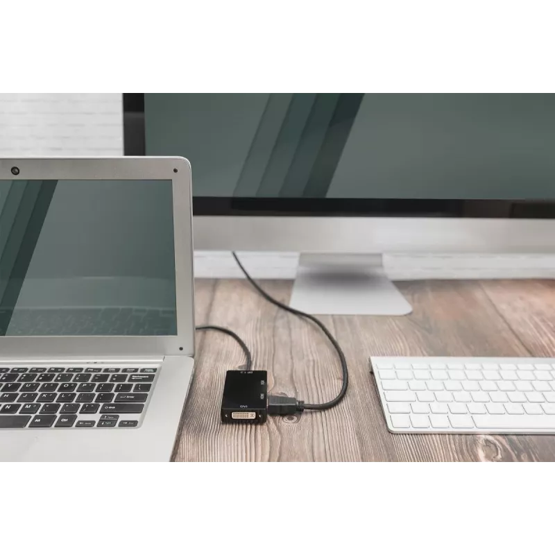DIGITUS ASSMANN DisplayPort keitiklio kabelis, DP – HDMI+DVI+VGA V-V/M/M, 20 cm 3-in-1 daugialypės terpės kabelis, CE, juodas