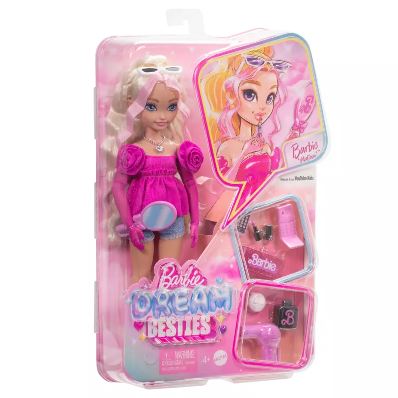 Barbie Dream Besties „Malibu“ mados lėlė su 8 makiažo ir plaukų tematikos aksesuarais