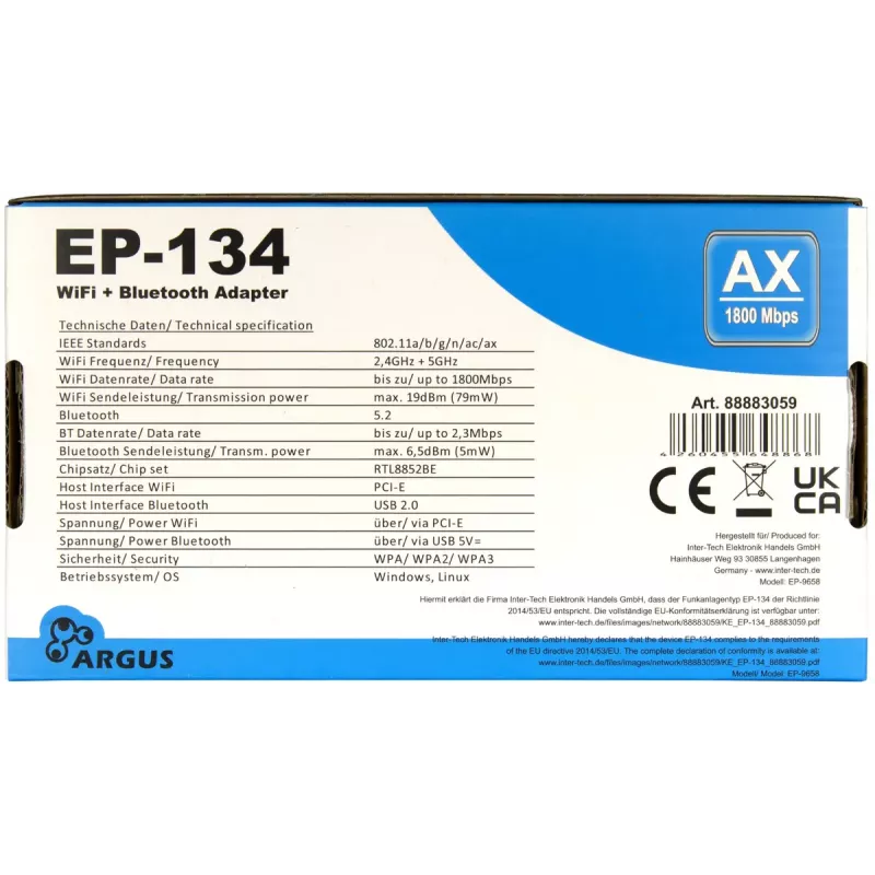 Vidinė WLAN Bluetooth adapteris Inter-Tech EP-134 1800 Mbit/s