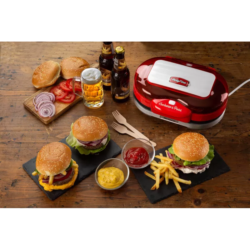Ariete 205 Hamburger Maker Party Time, mėsainių gaminimo aparatas, 1200 W, Dvigubos nepridegančios plokštės, 2 skyriai, Lengvai valomas, Raudona