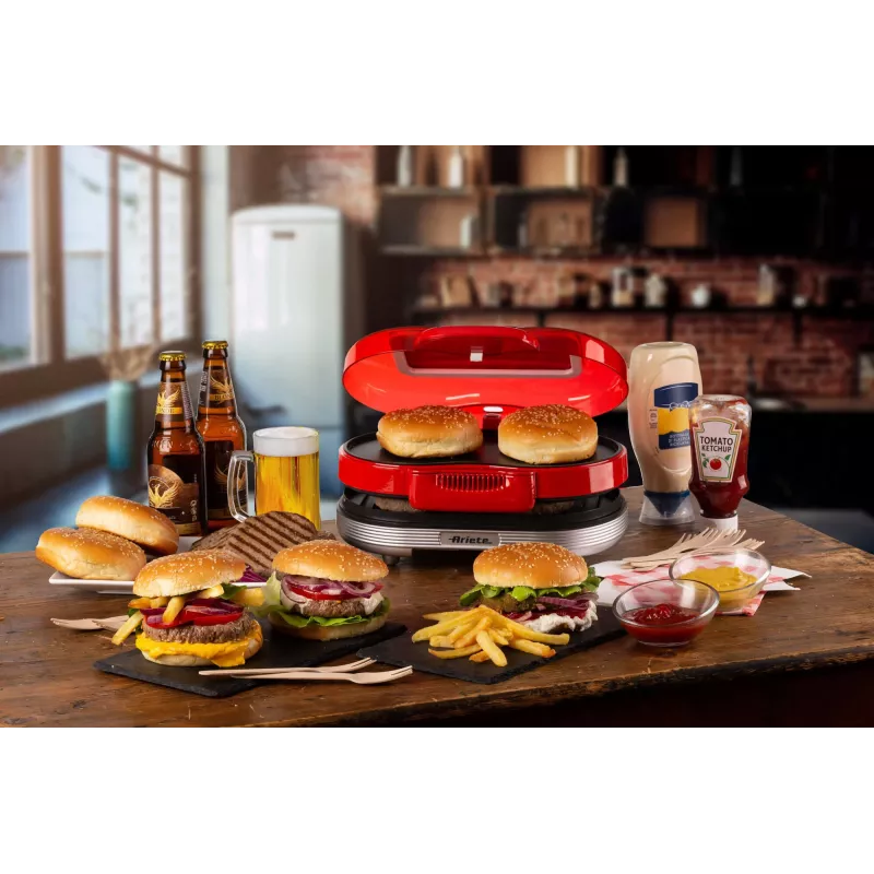 Ariete 205 Hamburger Maker Party Time, mėsainių gaminimo aparatas, 1200 W, Dvigubos nepridegančios plokštės, 2 skyriai, Lengvai valomas, Raudona