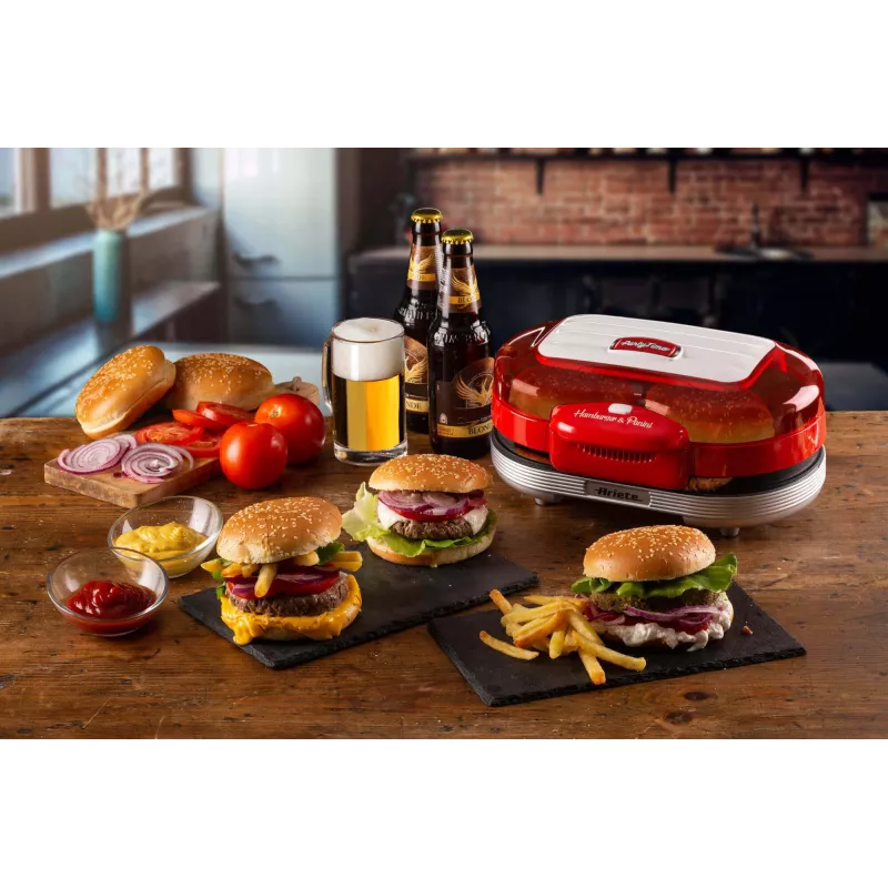 Ariete 205 Hamburger Maker Party Time, mėsainių gaminimo aparatas, 1200 W, Dvigubos nepridegančios plokštės, 2 skyriai, Lengvai valomas, Raudona