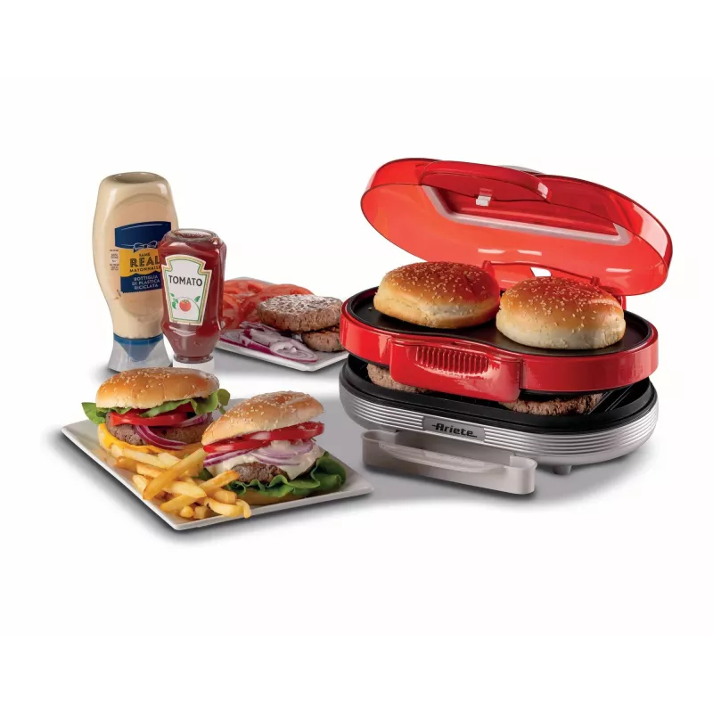 Ariete 205 Hamburger Maker Party Time, mėsainių gaminimo aparatas, 1200 W, Dvigubos nepridegančios plokštės, 2 skyriai, Lengvai valomas, Raudona