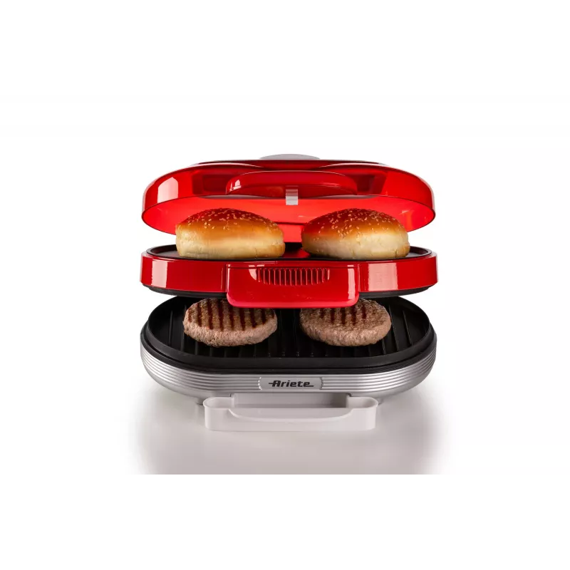 Ariete 205 Hamburger Maker Party Time, mėsainių gaminimo aparatas, 1200 W, Dvigubos nepridegančios plokštės, 2 skyriai, Lengvai valomas, Raudona