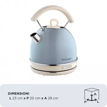 Ariete 2877 Kettle Vintage, 1,7L, belaidis, mėlynas, 1,7 l, 2000 W, šviesiai mėlynas, vandens lygio indikatorius, belaidis, filtravimas