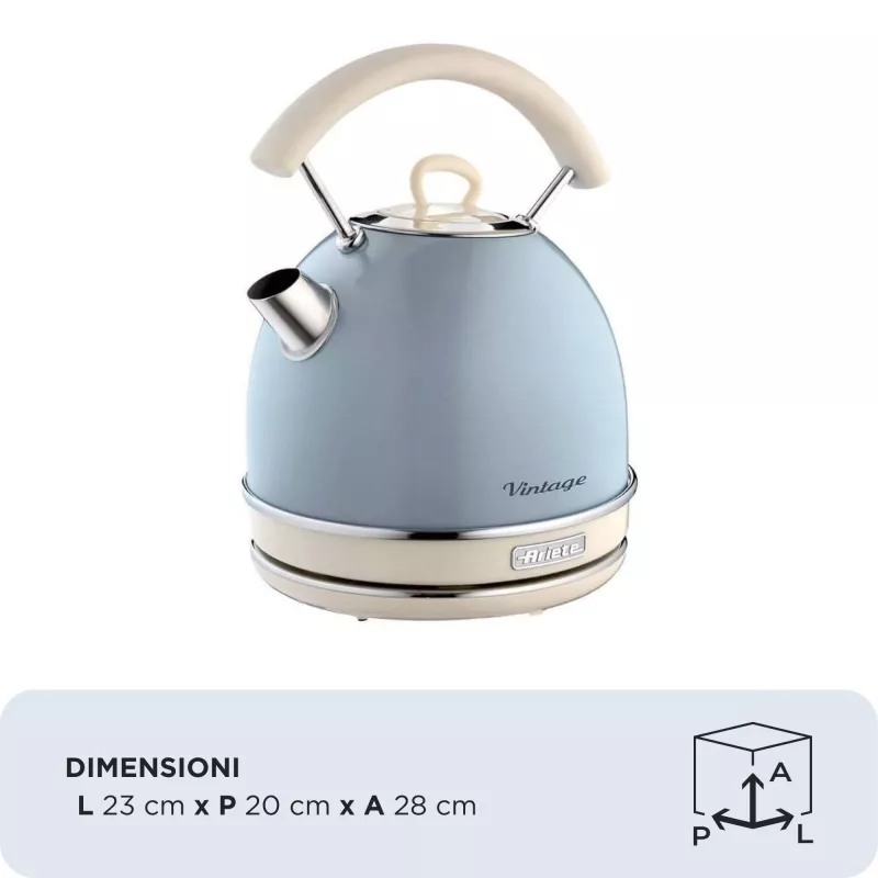 Ariete 2877 Kettle Vintage, 1,7L, belaidis, mėlynas, 1,7 l, 2000 W, šviesiai mėlynas, vandens lygio indikatorius, belaidis, filtravimas