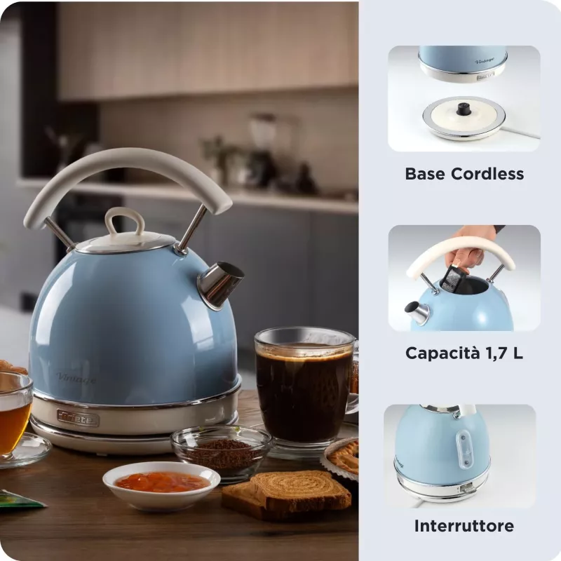 Ariete 2877 Kettle Vintage, 1,7L, belaidis, mėlynas, 1,7 l, 2000 W, šviesiai mėlynas, vandens lygio indikatorius, belaidis, filtravimas