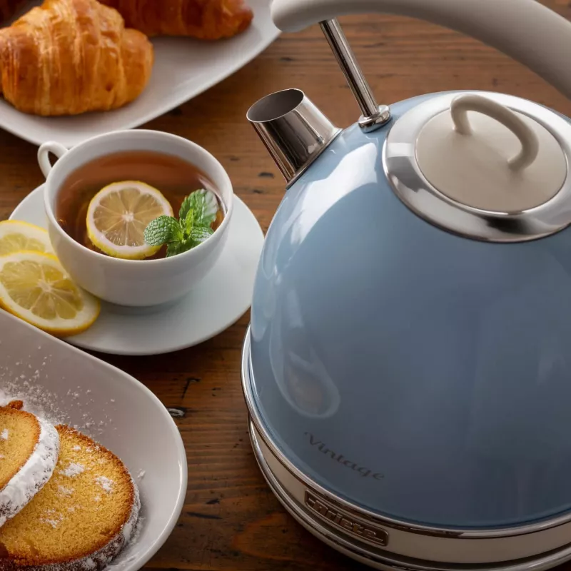 Ariete 2877 Kettle Vintage, 1,7L, belaidis, mėlynas, 1,7 l, 2000 W, šviesiai mėlynas, vandens lygio indikatorius, belaidis, filtravimas