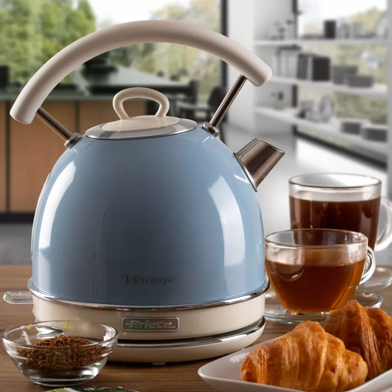 Ariete 2877 Kettle Vintage, 1,7L, belaidis, mėlynas, 1,7 l, 2000 W, šviesiai mėlynas, vandens lygio indikatorius, belaidis, filtravimas