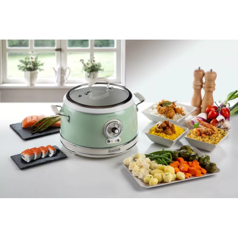 Ariete 2904 ryžių viryklė – elektrinė ryžių viryklė su keraminiu dubeniu – naminiams suši – multiviryklė – Vintage linija – 3,5 l – 650 W – žalia