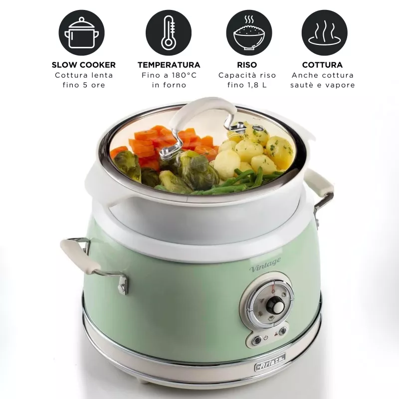 Ariete 2904 ryžių viryklė – elektrinė ryžių viryklė su keraminiu dubeniu – naminiams suši – multiviryklė – Vintage linija – 3,5 l – 650 W – žalia