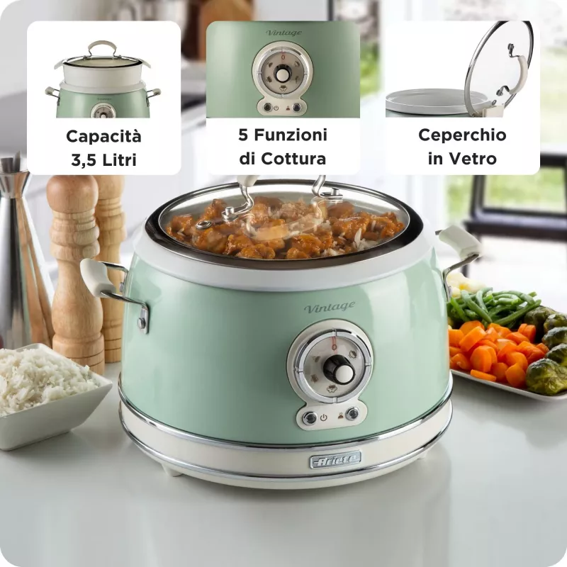 Ariete 2904 ryžių viryklė – elektrinė ryžių viryklė su keraminiu dubeniu – naminiams suši – multiviryklė – Vintage linija – 3,5 l – 650 W – žalia
