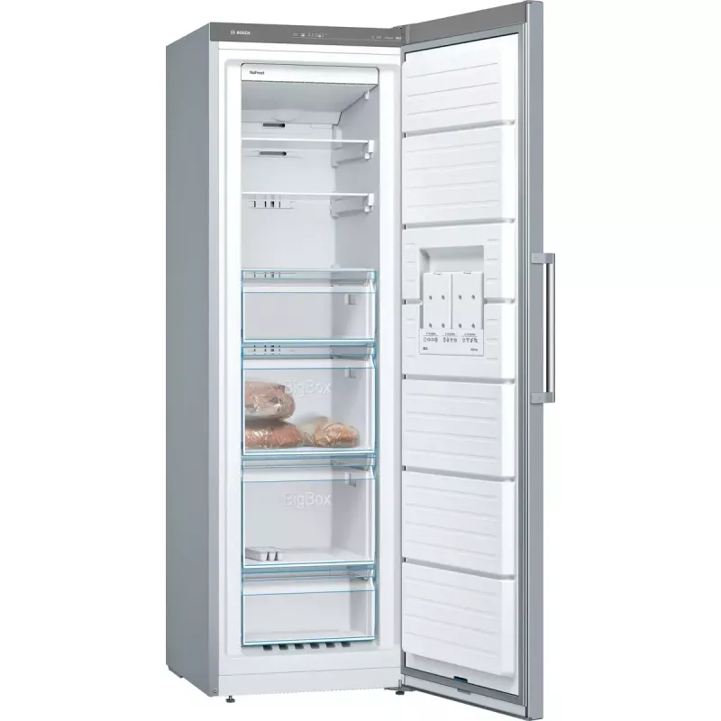 Vertikalus šaldiklis Bosch Serie 4 GSN36VLEP — 242 L, NoFrost, E klasė, 39 dB, nerūdijantis plienas
