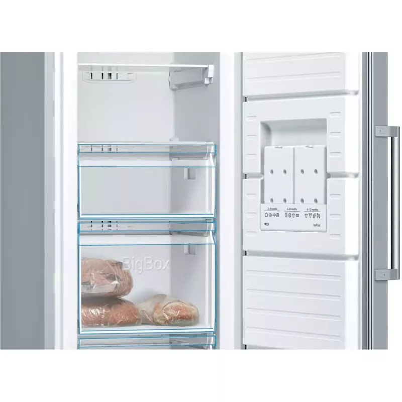 Vertikalus šaldiklis Bosch Serie 4 GSN36VLEP — 242 L, NoFrost, E klasė, 39 dB, nerūdijantis plienas