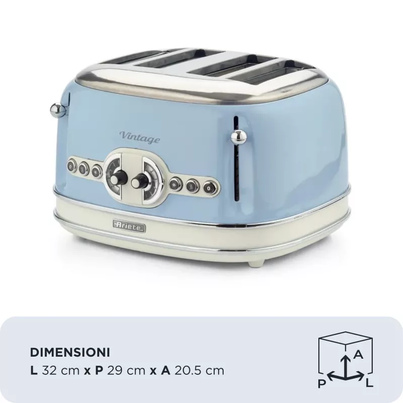 Ariete 156 4 dalių vintage skrudintuvas, 1600 W, 6 skrudinimo lygiai, nerūdijantis plienas, dažytas pasteline mėlyna spalva, be sumuštinių laikiklių. Mėlyna
