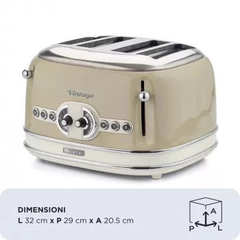Ariete 156 4 dalių vintage skrudintuvas, 1600 W, 6 skrudinimo lygiai, nerūdijantis plienas, dažytas pasteline smėlio spalva, be sumuštinių laikiklių