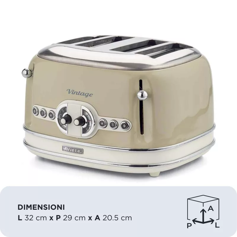 Ariete 156 4 dalių vintage skrudintuvas, 1600 W, 6 skrudinimo lygiai, nerūdijantis plienas, dažytas pasteline smėlio spalva, be sumuštinių laikiklių
