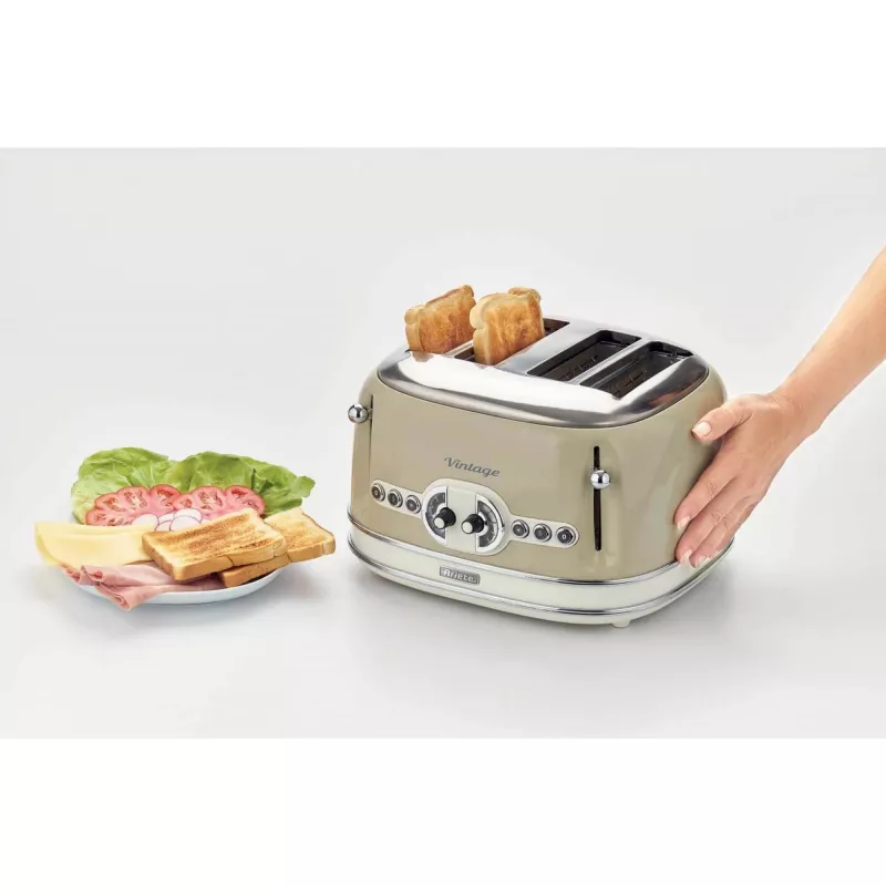 Ariete 156 4 dalių vintage skrudintuvas, 1600 W, 6 skrudinimo lygiai, nerūdijantis plienas, dažytas pasteline smėlio spalva, be sumuštinių laikiklių