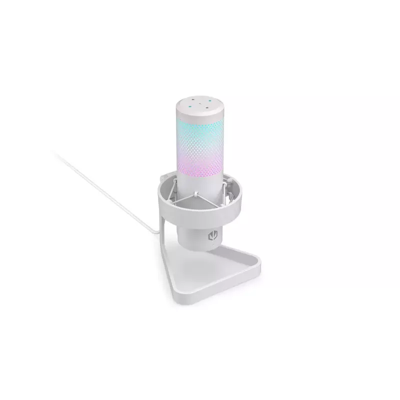 PC mikrofonas ENDORFY AXIS Streaming White — USB, kardioidinis, 30–18 kHz, 192 kHz/24 bitų, stalinis stovas, nutildymas, ausinių išvestis