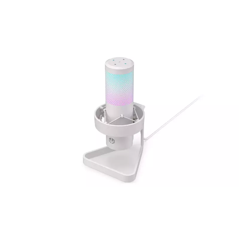 PC mikrofonas ENDORFY AXIS Streaming White — USB, kardioidinis, 30–18 kHz, 192 kHz/24 bitų, stalinis stovas, nutildymas, ausinių išvestis
