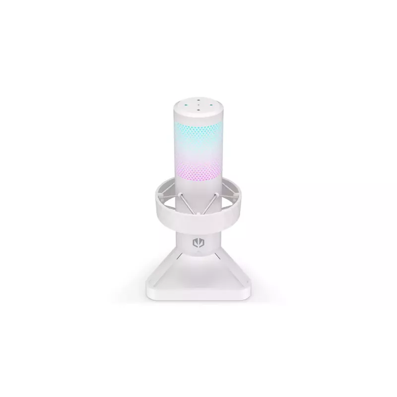 PC mikrofonas ENDORFY AXIS Streaming White — USB, kardioidinis, 30–18 kHz, 192 kHz/24 bitų, stalinis stovas, nutildymas, ausinių išvestis