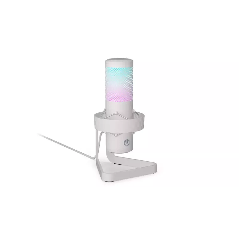 PC mikrofonas ENDORFY AXIS Streaming White — USB, kardioidinis, 30–18 kHz, 192 kHz/24 bitų, stalinis stovas, nutildymas, ausinių išvestis