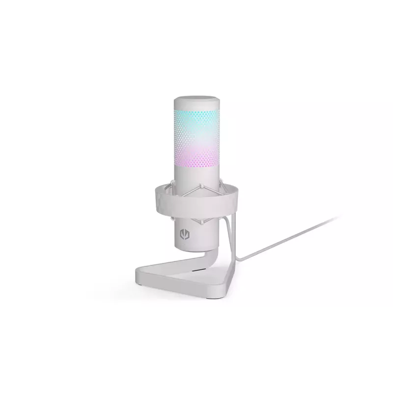 PC mikrofonas ENDORFY AXIS Streaming White — USB, kardioidinis, 30–18 kHz, 192 kHz/24 bitų, stalinis stovas, nutildymas, ausinių išvestis