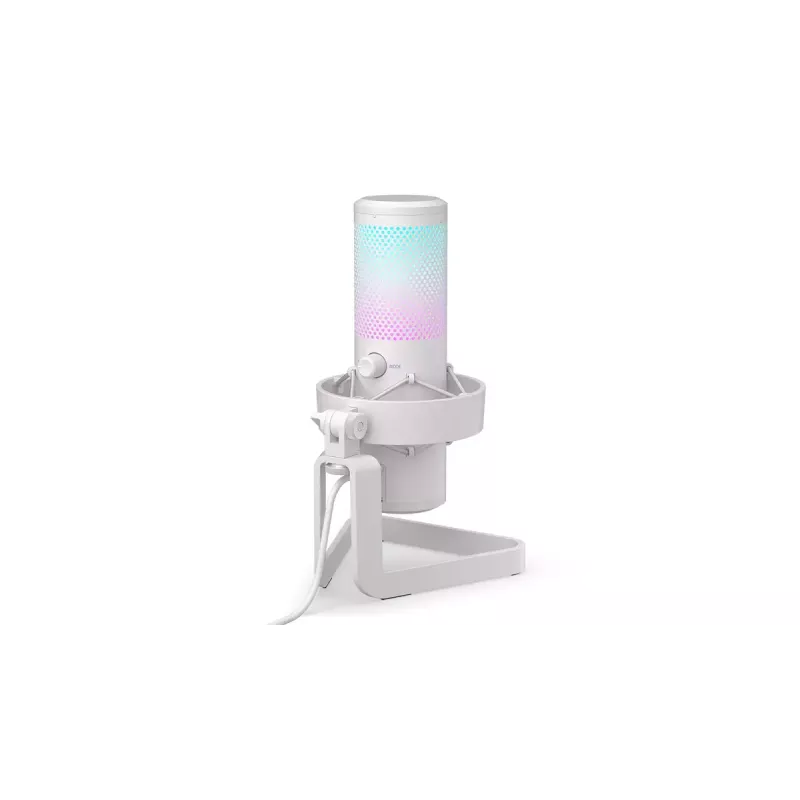 PC mikrofonas ENDORFY AXIS Streaming White — USB, kardioidinis, 30–18 kHz, 192 kHz/24 bitų, stalinis stovas, nutildymas, ausinių išvestis