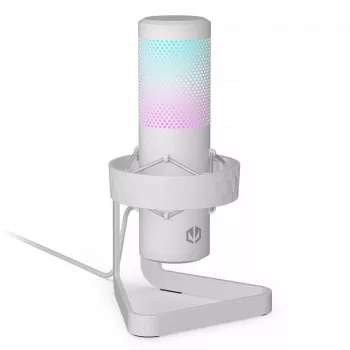 PC mikrofonas ENDORFY AXIS Streaming White — USB, kardioidinis, 30–18 kHz, 192 kHz/24 bitų, stalinis stovas, nutildymas, ausinių išvestis