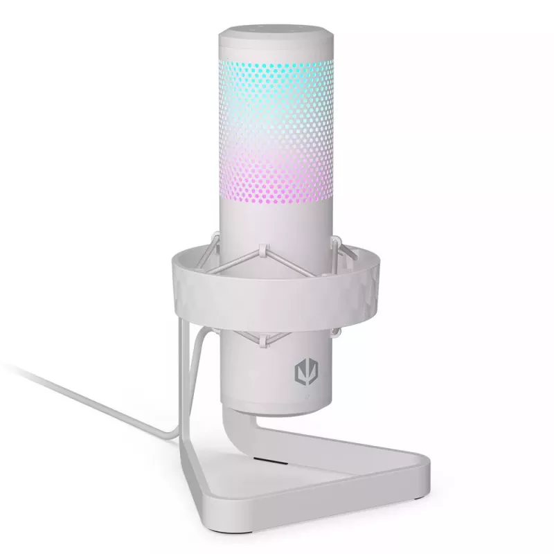 PC mikrofonas ENDORFY AXIS Streaming White — USB, kardioidinis, 30–18 kHz, 192 kHz/24 bitų, stalinis stovas, nutildymas, ausinių išvestis